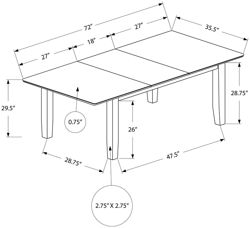 Dining Table Set, Grey Veneer 36" X 72"/18" Extension (I1375/I1378) Monarch