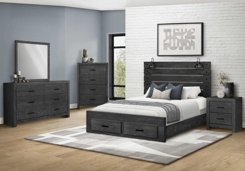 Queen Size Bed- Graphite Grey Wood Finish With 2 Lights/USB (I5217Q) Monarch